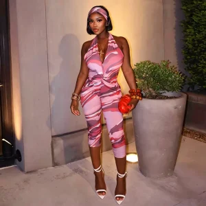 Women’s V neck Printed Eco Friendly Quick Dry Breathable High Waist Sleeveless Knee Length Jumpsuit