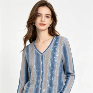 Women’s V neck Sequin Cardigan Sweater with Intricate Craftsmanship Vertical Stripes and Elegant Shimmering Long Sleeves