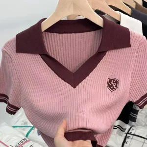 Women’s V-neck T-shirts Knitted Tops Ice Silk Short-sleeved Blouse