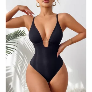 Women’s V neck Triangle shaped Tight fitting One piece Garment with a Waistline and an Open Crotch Design
