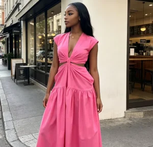 Women’s V neck Twist Cutout Waist Short Sleeve Cinched Waist Flowy Hem Maxi Long Dress Casual Vacation Summer Beach Party Dress