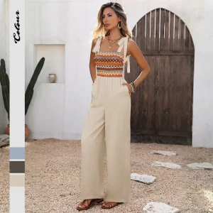Women’s Vacation Style Jumpsuit Long Pant Romper with Tie Strap Spaghetti Straps