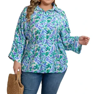 Women’s Vacation Style Plus size Shirt Bright Print 1XL 5XL With Belt Collar Three quarter Sleeves Comfortable Casual Wear