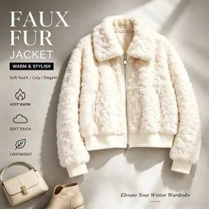 Women’s Versatile Lapel Faux Fur Jacket Textured Full Zip Side Pockets Cropped Windproof Warm Casual Winter Outerwear