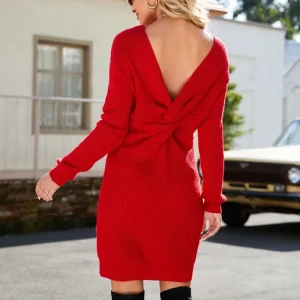 Women’s Versatile Loose Knit Dress V Neck Long Sleeve Pullover Dress Sexy Backless Knit Casual Sweater Dress
