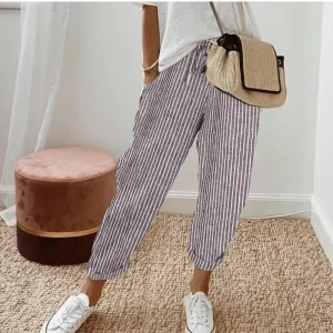 Women’s Vertical Stripe Harem Pants Elastic Waist Striped Cropped Pants With Pockets Casual Loose Fit Linen Look Pants