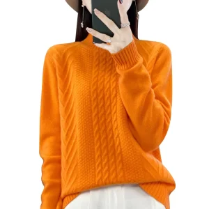 Women’s Vintage 100% Pure Wool Knit Pullover Sweater Thick Mock Neck Cardigan for Plus Sizes Autumn Winter Wear