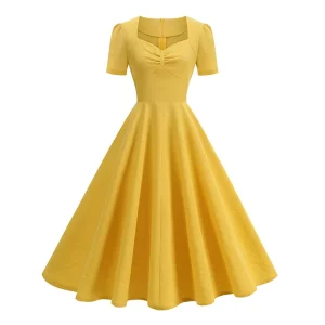 Women’s Vintage 50s Cotton Yellow Short Sleeve Midi Sweetheart Neckline Casual Retro Party Swing Dresses