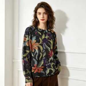 Women’s Vintage Black Base Oil Painting Floral Rib Knit Sweater Casual Crewneck Oversized Long Sleeve Daily All Match Pullover