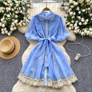 Women’s Vintage Court Style Heavy Lace Trim Chiffon Dress with Belted Waist and Puff Sleeves 6 Colors Available