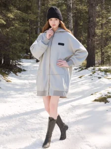 Women’s Vintage Dyed Quilted Zipper Thick Jacket Hooded Autumn 100% Cotton Fleece Fabric Liner Detachable Anti-Wrinkle Coat