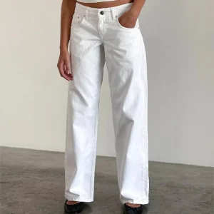 Women’s Vintage Eco-Friendly Waterproof Grey Wide Leg Jeans Breathable Cotton Denim High Slanted Waist Button Skinny