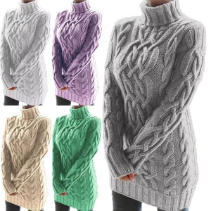 Women’s Vintage Elegant Cable Knit Sweater Dress Autumn Winter Crew Neck Mini Dresses Long Sleeve Slim Fit Breathable Polyester