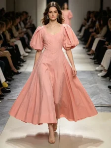 Women’s Vintage Empire Waist Dress Bubble Sleeve A-Line Medium Long Stitching Solid Color Fashion Elegant