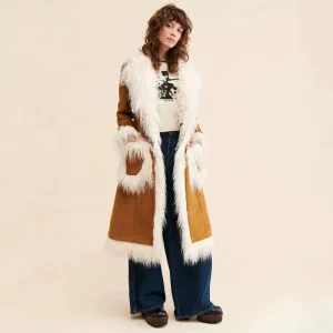 Women’s Vintage Faux Suede Long Coat Shaggy Fur Trim Winter Warm Lapel Overcoat Women’s Faux Fur Coats Winter Warm Overcoat