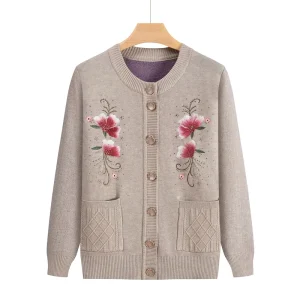 Women’s Vintage Floral Embroidered Knit Sweater Thickened Cardigan Jacket for Summer Long 2 Thickness Options Solid Print
