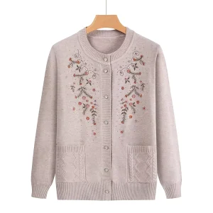 Women’s Vintage Floral Embroidery Crew Neck Sweater Cardigan Winter Thickened Knit for Autumn