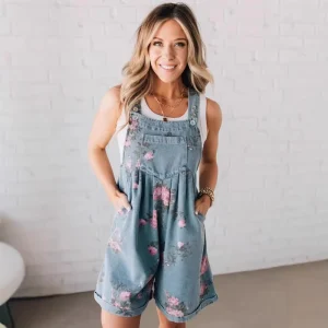 Women’s Vintage Floral Print Denim Overalls Shorts Casual Summer Jean Romper