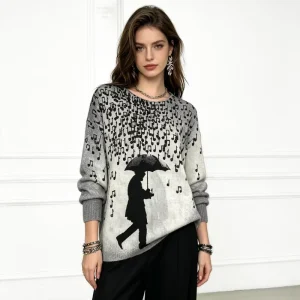 Women’s Vintage Gray Umbrella Man Music Note Print Knit Sweater Casual Crewneck Oversized Long Sleeve All Match Knitwear
