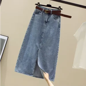 Women’s Vintage High Waist A Line Denim Under Skirt Summer Streetwear Breathable Polyester Cotton Midi Length Pockets Washed