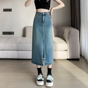 Women’s Vintage High-Waisted Denim Skirt Summer Fashion Casual Mid-Length Split Autumn and Spring