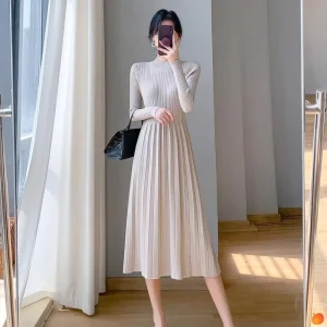 Women’s Vintage Knitted High Waist Mock Neck Long A Line Sweater Dress Overcoat Autumn Winter