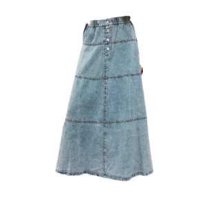 Women’s Vintage Light Wash A Line Tiered Patchwork Denim Maxi Skirt Casual Loose Fit Spring Summer