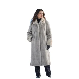 Women’s Vintage Long Mink Fur Trim Faux Fur Coat Light Grey Thick Multi-color Outerwear Windproof Stand Collar