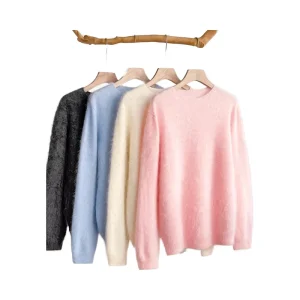 Women’s Vintage Long Wool Cashmere Cardigan Solid Neck Soft Plush Knit Loose Warm Sweater