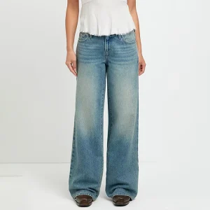 Women’s Vintage Low Rise Baggy Wide Leg Jeans Medium Blue Wash Relaxed Fit Denim Pants