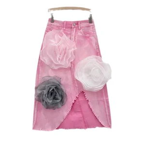 Women’s Vintage Mid-Length Skirt High Waist Three-Dimensional Flower Denim Irregular Washed Skirt