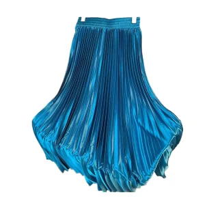Women’s Vintage Midi A line Skirt Wide Elastic High Waist With Pleats Summer Solid Color Casual Long Skirt