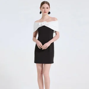 Women’s Vintage Off-Shoulder Mini Dress Black & White Color Block with Floral Decoration Bodycon Party Dress