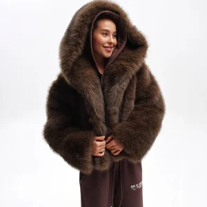 Women’s Vintage Plaid Thick Fleece Brown Pink Hooded Coat Girls Winter Outwear X Long