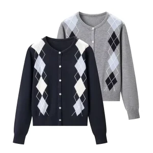 Women’s Vintage Plaid Wool Blend Cardigan Plaid Knitted Long Sleeve Button Coat Soft Plush