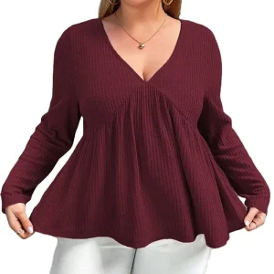 Women’s Vintage Plus Size Polyester Long Sleeve V neck Shirts Dressy Casual Elegant Tops Blouses for Daily
