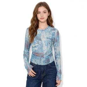 Women’s Vintage Printed Long Sleeve Top Ruched Side Seam Crew Neck Stretchy Mesh Shirt
