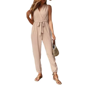Women’s Vintage Pullover Jumpsuit New Style Summer Sleeveless Vest Top V neck Solid Pattern Woven for Spring Winter Simple