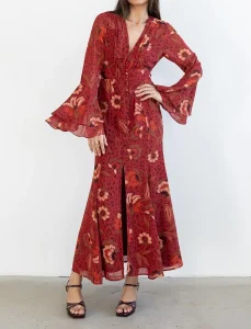 Women’s Vintage Red Floral Chiffon Maxi Dress Bell Sleeve V Neck High Slit Boho Vacation Dress