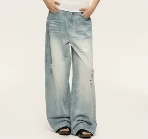 Women’s Vintage Ripped High Waist Wide Leg Jeans Summer Slim Straight Denim Pants Support OEM & ODM Service