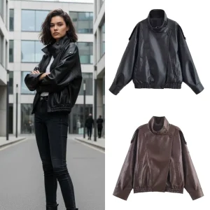Women’s Vintage Street Style Solid Anti-wrinkle PU Coat Jacket
