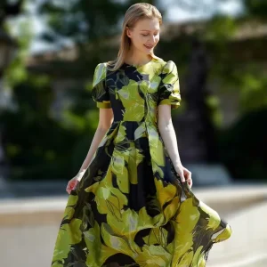 Women’s Vintage Style A-Line Organza Jacquard Floral Embossed Maxi Evening Dress Short Sleeve Party Weddings
