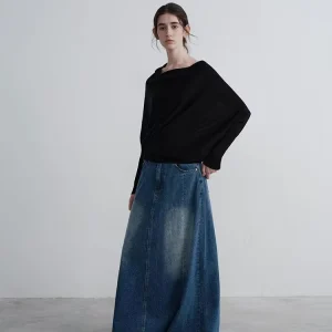 Women’s Vintage Style High Waist A-Line Midi Denim Skirt Summer Casual Loose Fit