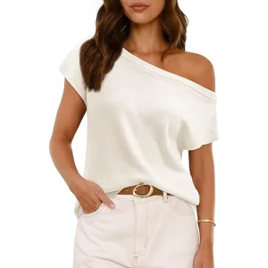 Women’s Vintage Style Off-Shoulder Sweater Tops Summer Short Sleeve Breathable Casual Loose Knit