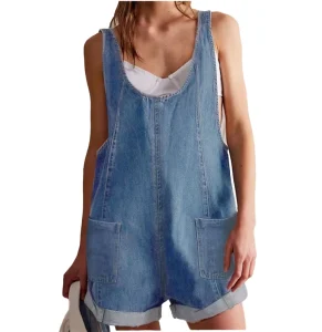 Women’s Vintage Style Sleeveless Denim Jumpsuit High Waist Romper Adjustable Shoulder Strap Pocket Shorts Overalls