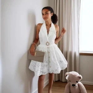 Women’s Vintage Waist Solid Color Sleeveless Deep V Neck Halter Backless Cardigan Elegant Dress