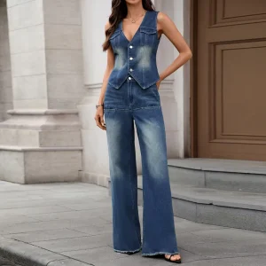 Women’s Vintage Wash Denim Two Piece Set Relaxed Fit Jean Jacket and Straight Leg Pants Retro Streetwear Matching Outfits