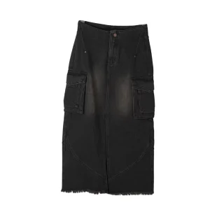 Women’s Vintage Washed Black Cargo Denim High Waist Loose Fit Tassel Slit Maxi Skirt with Frayed Hem