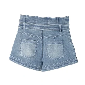 Women’s Vintage Washed Blue Denim Shorts High Waist Paperbag Double Button Rolled Cuffs Slim Fit Casual