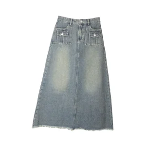 Women’s Vintage Washed Denim Midi Skirt, High Waist, Casual, Cargo Pocket, Frayed Hem, A-Line, Spring Summer